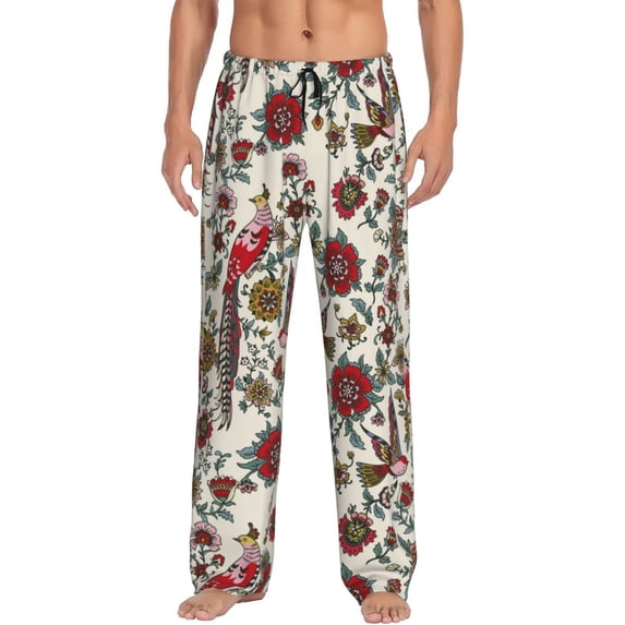 Daiia Dark Enchanted Flowers And Birds Men's Sleep Pant with Pockets and Drawstring,Pajama Pants-Medium