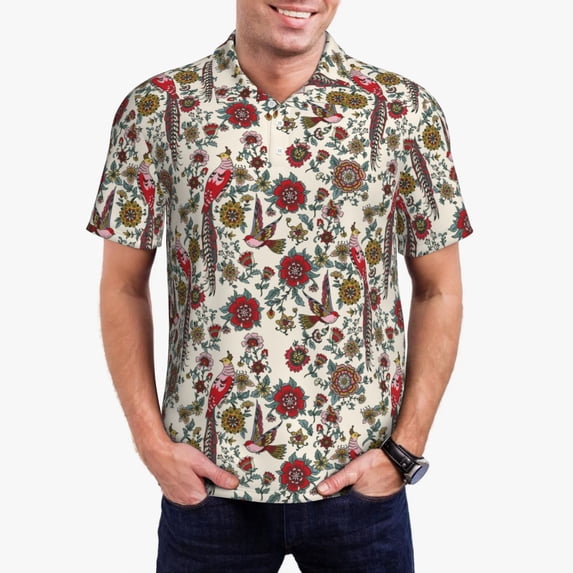 Daiia Dark Enchanted Flowers And Birds Pattern Men’s Polo Shirts,Solid Deck Shirt,Classic Fit, Breathable Cotton Polo for Casual and Sport Wear-Small