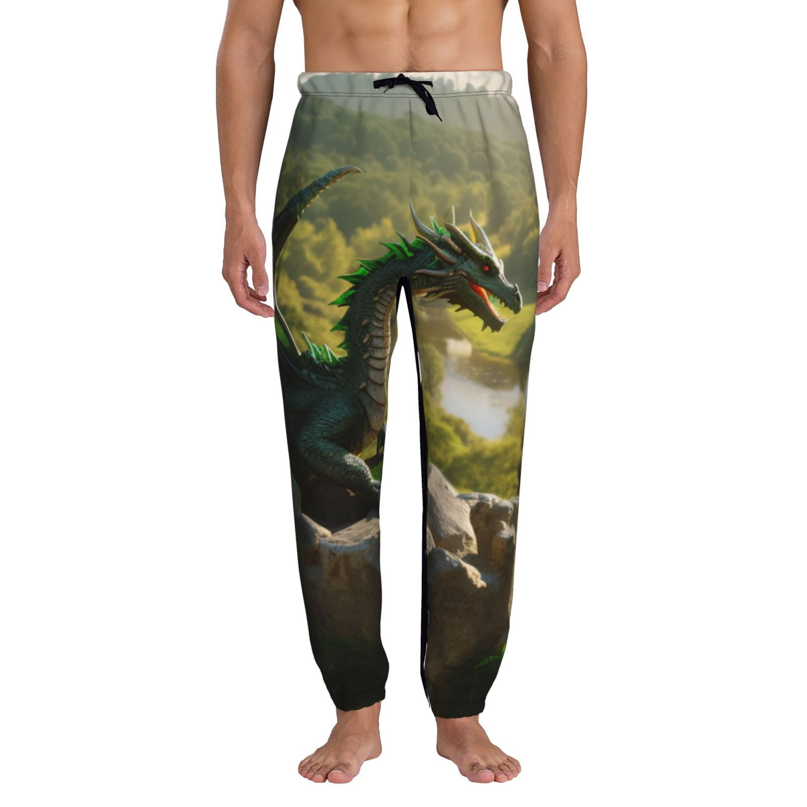Daiia Deep Forest Stone Green Dragon Print Sweatpants for Men Elastic ...