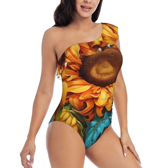 Daiia Deep Yellow Colorful Sunflower Women's One Piece Swimsuits Personalized One Shoulder Swimwear Asymmetric Ruffle Bathing Suits-XX-Large