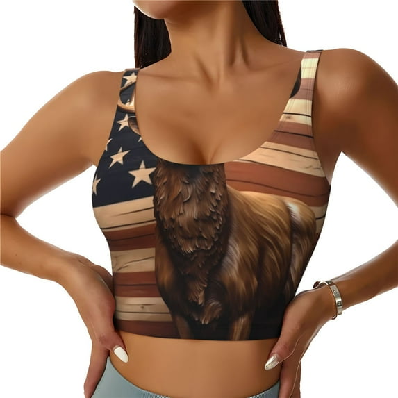 Daiia Deer American Flag Vintage Printed Women's Sports Bra, Breathable Activewear Bra with U-Back Design and Removable Pads, Comfortable and Supportive for Yoga, Workout-Large