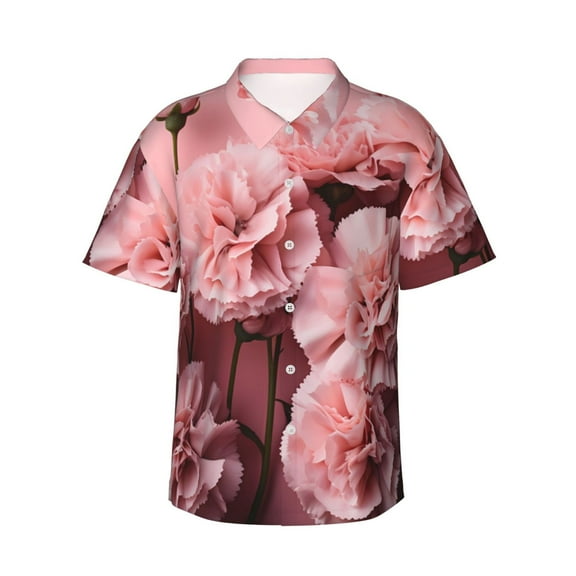 Daiia Delicate Pink Carnations Hawaiian Shirt for Men Gentle Cotton Regular Short Sleeve Casual-Small