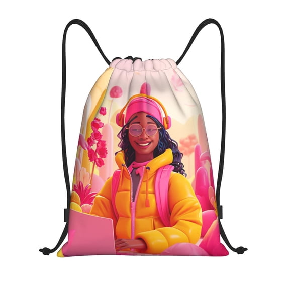 Daiia Digital Nomad Pink Landscape Pattern Drawstring Backpack, Gym Bag, Lightweight Backpack, Water-Resistant Bag Travel Sports Backpack, Fitness Bag, Yoga Bag-Medium
