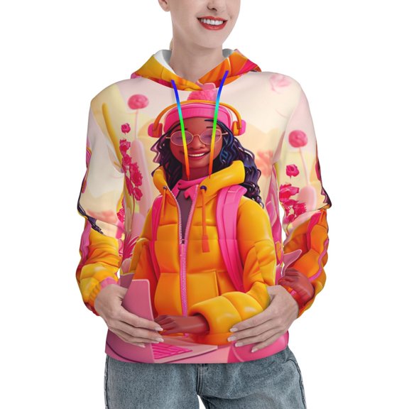 Daiia Digital Nomad Pink Landscape Pattern Women's Fashion Hoodies & Sweatshirts with Kangaroo Pocket Hooded Sweatshirt with Eye-catching Drawstrings-Large