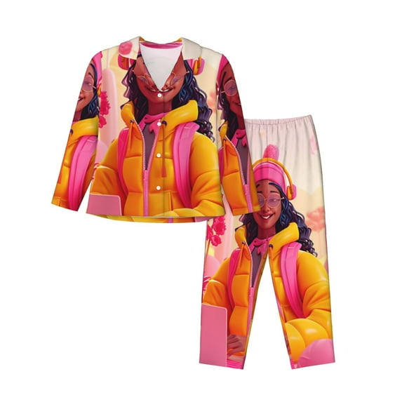 Daiia Digital Nomad Pink Landscape for Women's Long-Sleeved Pajama Set – Soft & Comfortable Sleepwear Button-Up Pajamas Cozy Lounge Wear-XX-Large