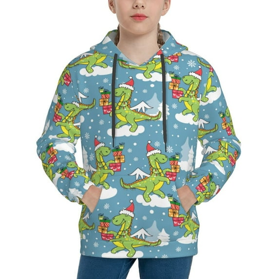 Daiia Dino Christmas Adventure Snowy Blue for Boys Fashion Hoodies & Sweatshirts with Kangaroo Pocket,Hooded Sweatshirt for Kid, Breathable& Moisture Wicking-Large