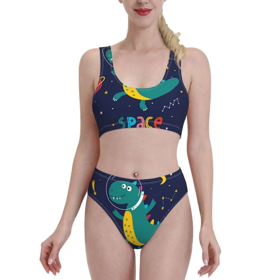Daiia Dinosau Space Explorer printed 2 piece Swimsuit Bikinis for Women High Waisted Racerback Bathing Suits Summer Tummy Control Scoop Neck Swimwear-Large