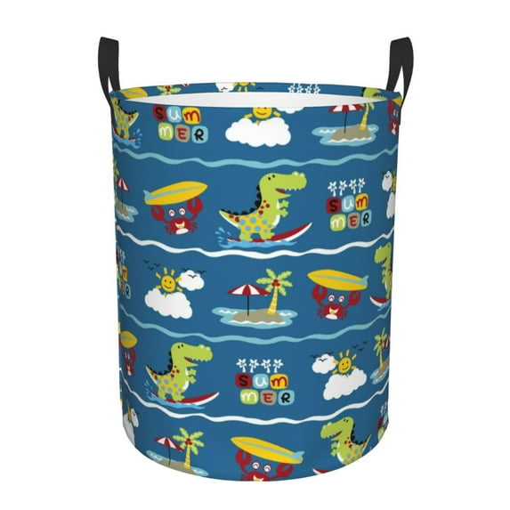 Daiia Dinosaur on the Beach Vacation Round Laundry Basket with Handles Thickened Waterproof Circular hamper,Dirty Clothes Storage Basket for Bedroom,Bathroom,College Dorm-Medium