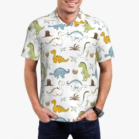 Daiia Dinosaur Pattern Men’s Polo Shirts,Solid Deck Shirt,Classic Fit, Breathable Cotton Polo for Casual and Sport Wear-3X-Large