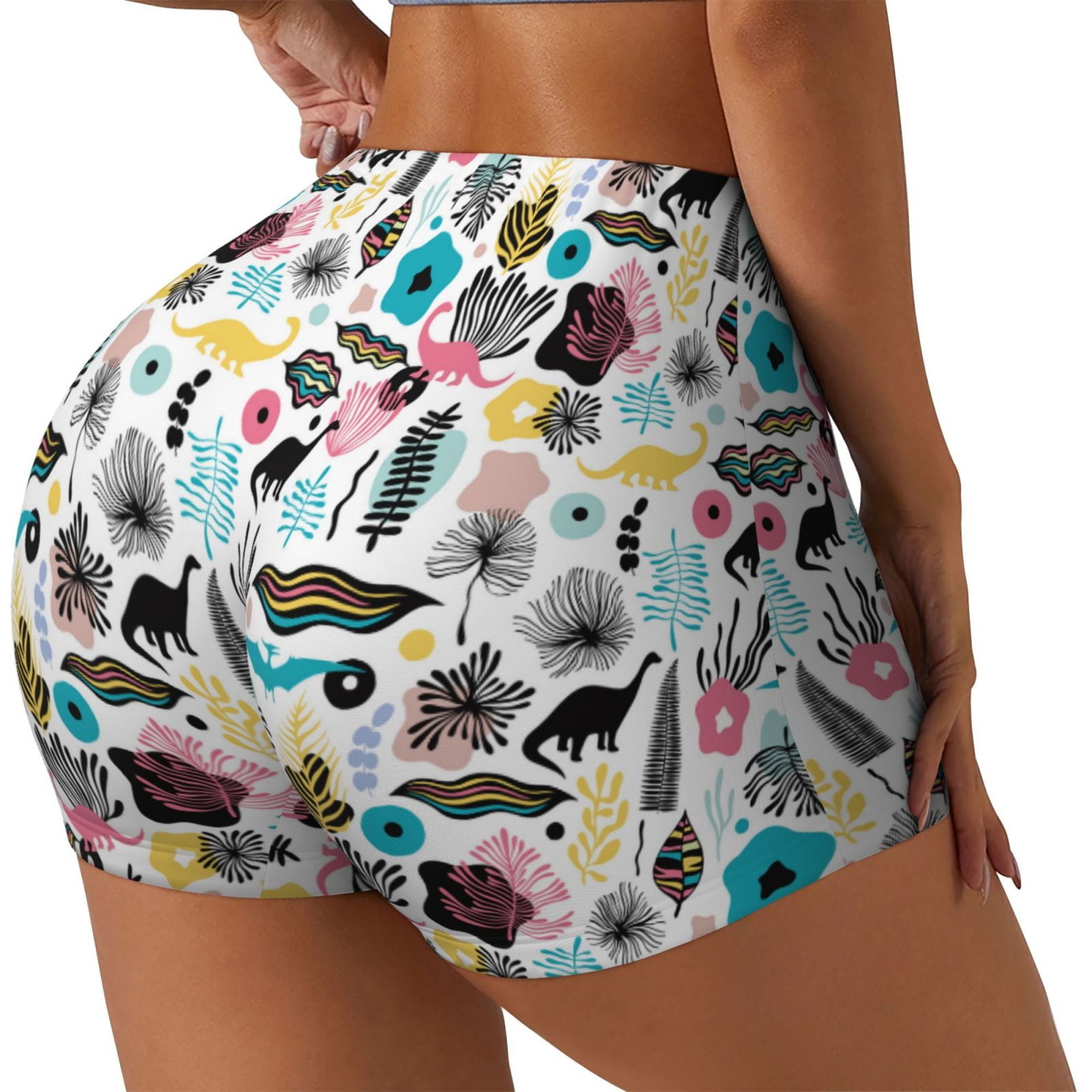 Women's Workout Shorts With Spandex Underneath Daiia Dinosaur Pattern Women's Workout Shorts Biker Shorts - High