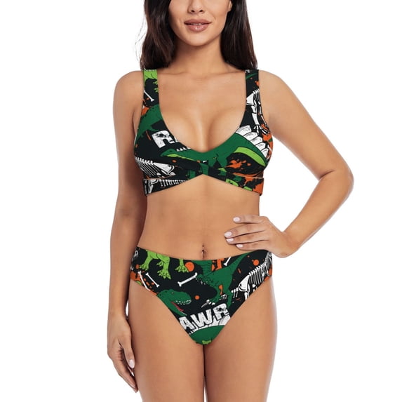 Daiia Dinosaur Skeleton Women's Bikini Set Two Piece Swimsuit High Waisted Bikini Adjustable Straps Bikini Perfect for Beach, Pool, and Summer Vacation-Small