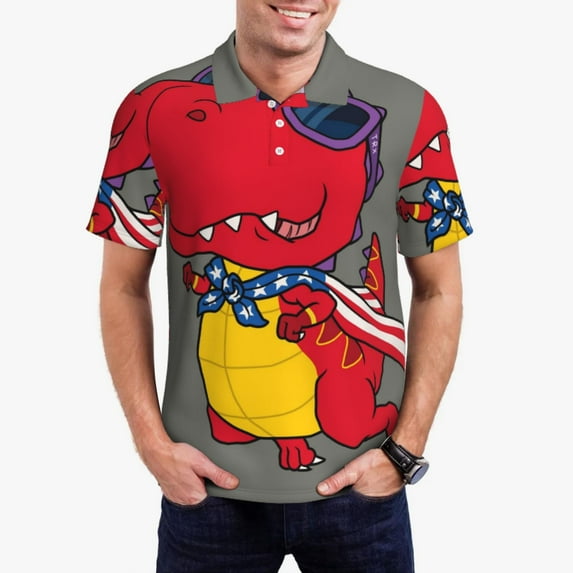 Daiia Dinosaur Super Hero Cartoon Pattern Men’s Polo Shirts,Solid Deck Shirt,Classic Fit, Breathable Cotton Polo for Casual and Sport Wear-Small