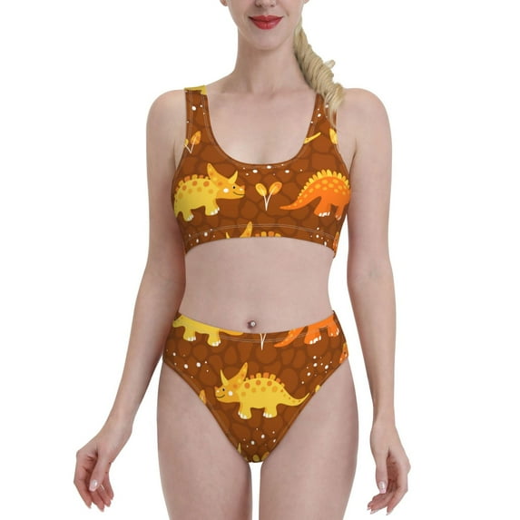 Daiia Dinosaurs and Leaves printed 2 piece Swimsuit Bikinis for Women High Waisted Racerback Bathing Suits Summer Tummy Control Scoop Neck Swimwear-Large