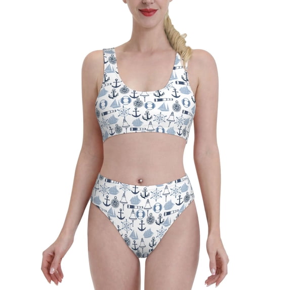 Daiia Dock Rudder printed 2 piece Swimsuit Bikinis for Women High Waisted Racerback Bathing Suits Summer Tummy Control Scoop Neck Swimwear-Large