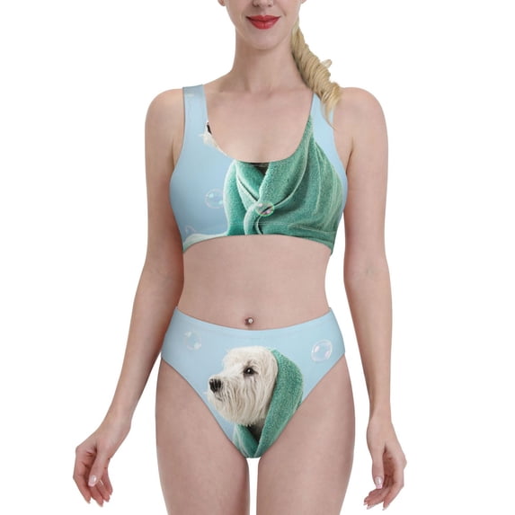 Daiia Dog Wrapped in Towel printed 2 piece Swimsuit Bikinis for Women High Waisted Racerback Bathing Suits Summer Tummy Control Scoop Neck Swimwear-Medium