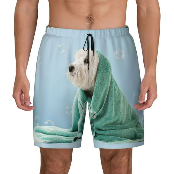 Daiia Dog Wrapped in Towel Mens Swim Trunks Swim Shorts Quick Dry Swim Shorts with Mesh Lining Pockets-Large