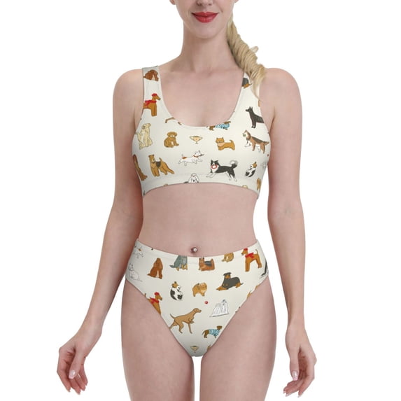 Daiia Dogs Funny Pets printed 2 piece Swimsuit Bikinis for Women High Waisted Racerback Bathing Suits Summer Tummy Control Scoop Neck Swimwear-Large