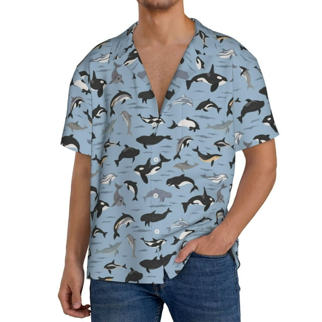 Daiia Dolphins Men's Linen Shirts Short Sleeve Casual Shirts Button