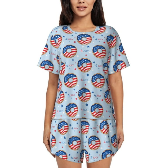 Daiia Donut with the USA Fag Pattern Womens Pajama Sets Short Sleeve Pajamas for Women Sets Soft Lounge Sets Casual Round Neck Sleepwear PJS-Medium