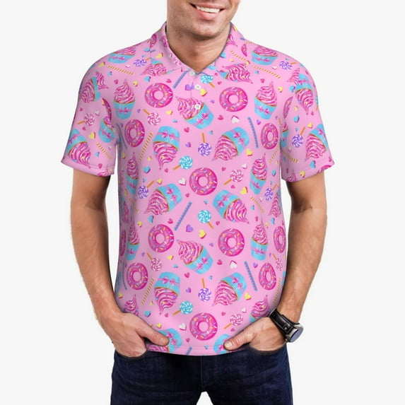 Daiia Donuts Pattern Men’s Polo Shirts,Solid Deck Shirt,Classic Fit, Breathable Cotton Polo for Casual and Sport Wear-Medium