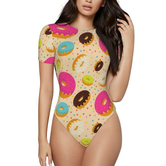 Daiia Donuts print Women's Crew Neck Short Sleeve Bodysuit Fashion Tops Fit Casual Basic Extender Bodysuit-Medium