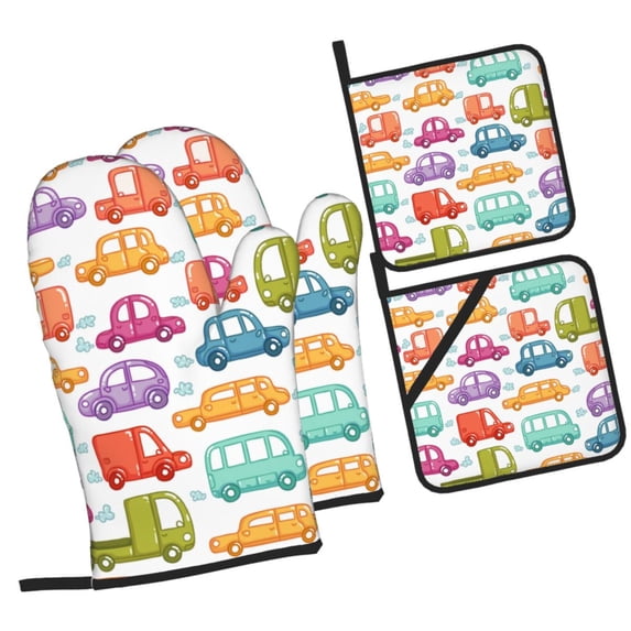 Daiia Doodle Cars Pattern Oven Mitts and Pot Holders 4 pcs Set,High Heat Resistant 500 Degree Extra Thicken Long Kitchen Cotton Oven Glove