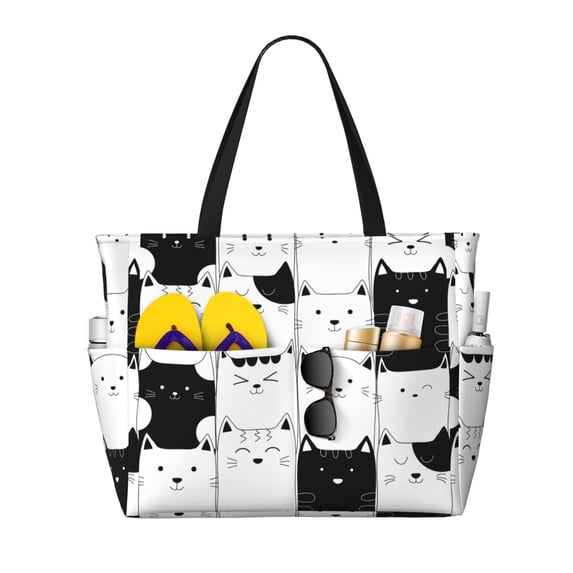 Daiia Doodle Cute Cat Beach Travel Bag - Water-Resistant Beach Bag, Lightweight Tote with 7 Pockets for Women and Men - Gym,Pool,Camping,Reusable Grocery Bag