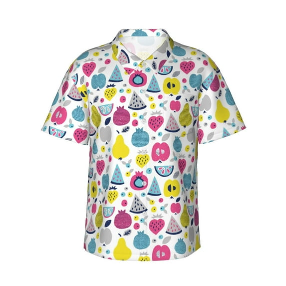 Daiia Doodle Fruits Hawaiian Shirt for Men Gentle Cotton Regular Short Sleeve Casual-Small
