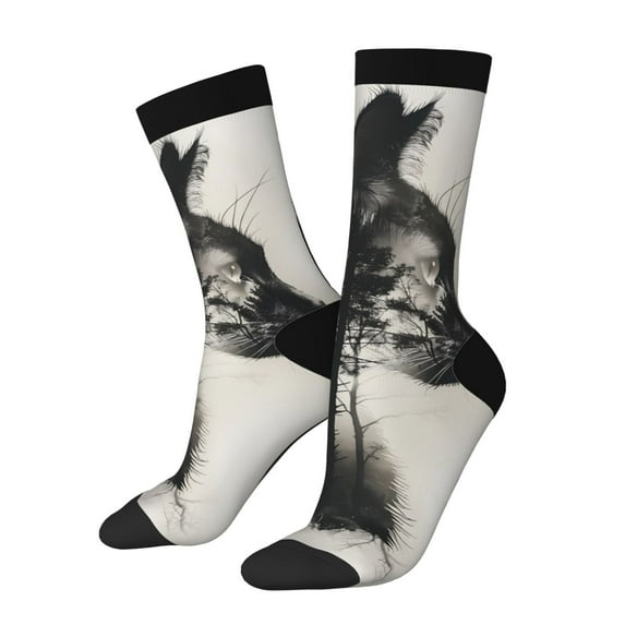 Daiia Double Exposure Cat Forest Print Crew Socks – Soft Breathable Long Socks for Men & Women, Moisture-Wicking & Comfortable Daily Wear Socks, One-Size Fits Most (US 5-11)
