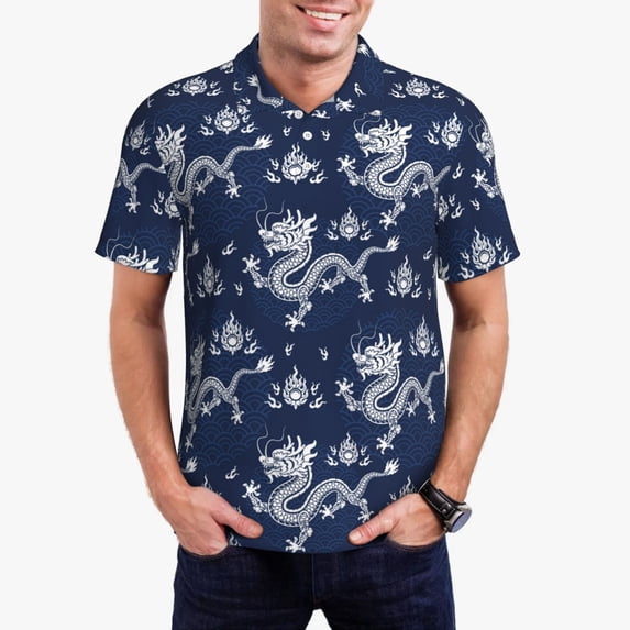 Daiia Dragon Pattern Men’s Polo Shirts,Solid Deck Shirt,Classic Fit, Breathable Cotton Polo for Casual and Sport Wear-Medium