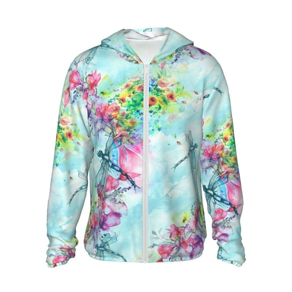 Daiia Dragonfly Floral UPF 50+ Sun Protection Hoodie Jacket Lightweight Long Sleeve Sun Shirt for Women Men with Pocket Hiking Outdoor-Medium