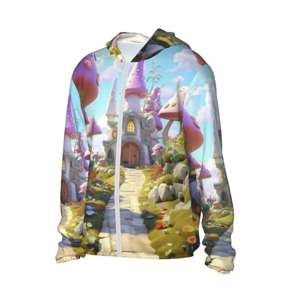 Daiia Dreamy Mushroom House UPF 50  Sun Protection Hoodie Jacket Lightweight Long Sleeve Sun Shirt for Women Men with Pocket Hiking Outdoor-Large