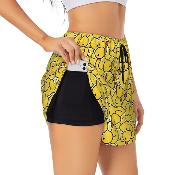 Daiia Duck1 Pattern Women's 2 in 1 Running Shorts - Lightweight Athletic Workout Gym Yoga Shorts Liner with Phone Pockets-Medium