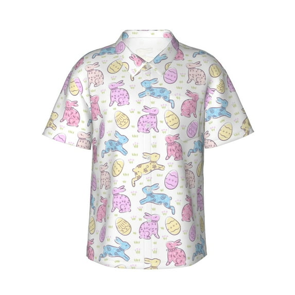 Daiia Easter Colorful Rabbit Hawaiian Shirt for Men Gentle Cotton Regular Short Sleeve Casual-Large