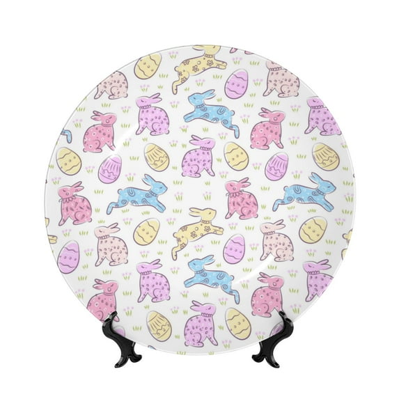 Daiia Easter Colorful Rabbit Printed Pattern Ceramic Plate Dinner Plates Bone China Decorative Plates with Display Stand Art Ceramic Ornaments for Wall Hanging Decoration-6in