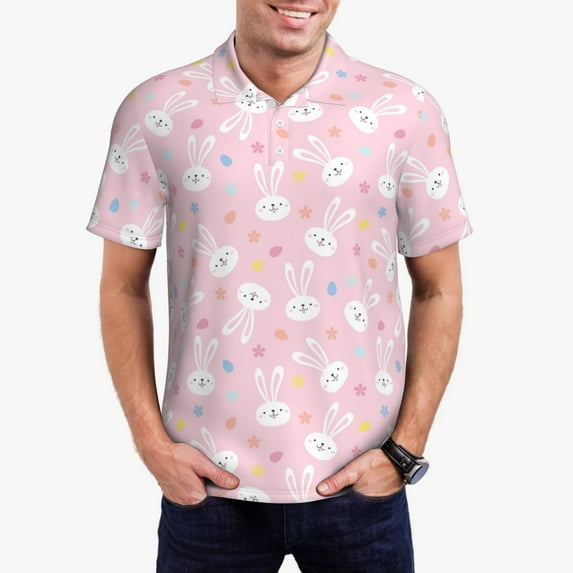 Daiia Easter Cute Rabbit Pattern Men’s Polo Shirts,Solid Deck Shirt,Classic Fit, Breathable Cotton Polo for Casual and Sport Wear-XX-Large