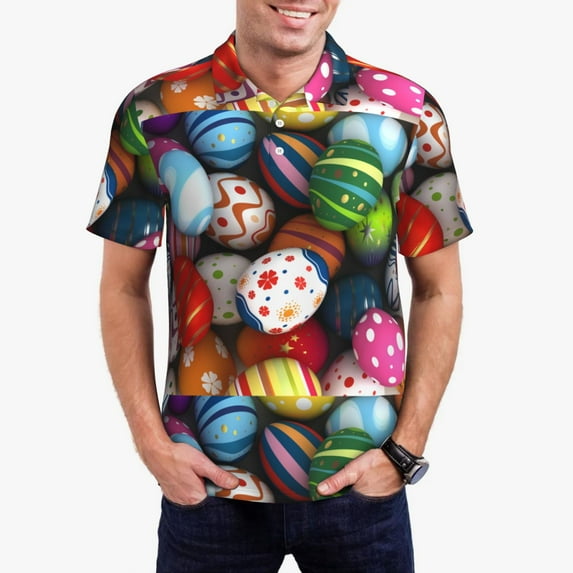 Daiia Easter Egg Pattern Men’s Polo Shirts,Solid Deck Shirt,Classic Fit, Breathable Cotton Polo for Casual and Sport Wear-Small