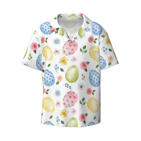 Daiia Easter Egg3 Men's Linen Shirts Short Sleeve Casual Shirts Button Down Shirt for Men Beach Summer Wedding Shirt-XX-Large
