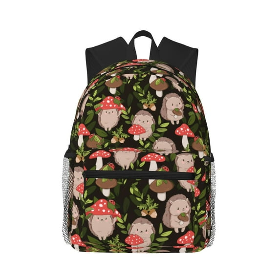 Daiia Edgehog and Mushrooms School Backpack for Men Women, Unisex Large Waterproof Bookbag Schoolbag Casual Daypack for High School/College/Teens/Travel/Work Black