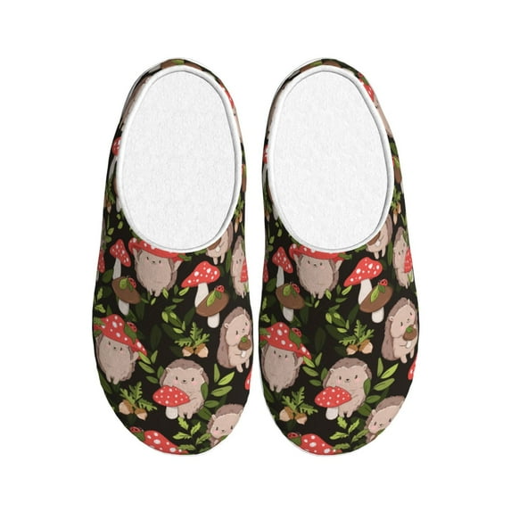 Daiia Edgehog and Mushrooms Print Women’s Fuzzy Slippers Memory Foam Lightweight House Shoes Cozy Loafer Flannel House Shoes-40/41