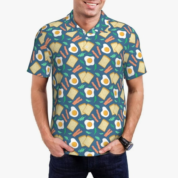 Daiia Eggs Toast Bacon And Arugula Pattern Men’s Polo Shirts,Solid Deck Shirt,Classic Fit, Breathable Cotton Polo for Casual and Sport Wear-XX-Large