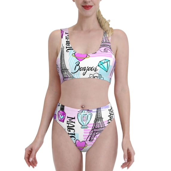 Daiia Eiffel Tower and Hearts printed 2 piece Swimsuit Bikinis for Women High Waisted Racerback Bathing Suits Summer Tummy Control Scoop Neck Swimwear-Large