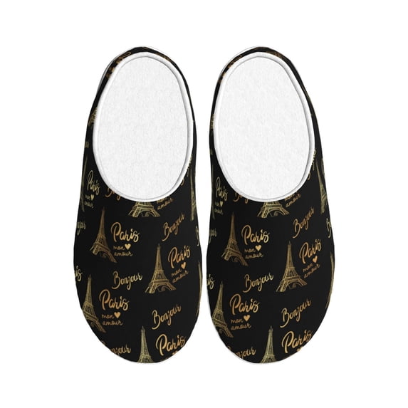 Daiia Eiffel Tower Print Women’s Fuzzy Slippers Memory Foam Lightweight House Shoes Cozy Loafer Flannel House Shoes-44/45