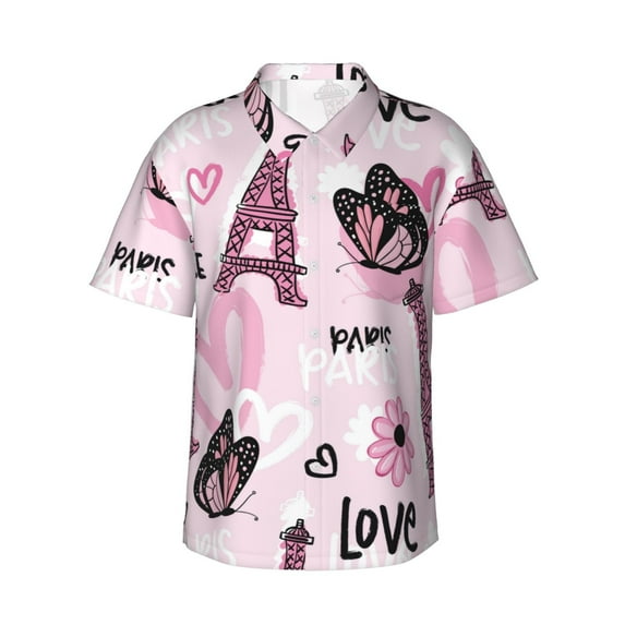 Daiia Eiffel Tower and Butterflies Hawaiian Shirt for Men Gentle Cotton Regular Short Sleeve Casual-XX-Large