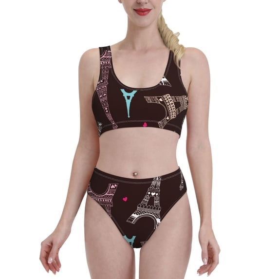 Daiia Eiffel Tower printed 2 piece Swimsuit Bikinis for Women High Waisted Racerback Bathing Suits Summer Tummy Control Scoop Neck Swimwear-X-Large