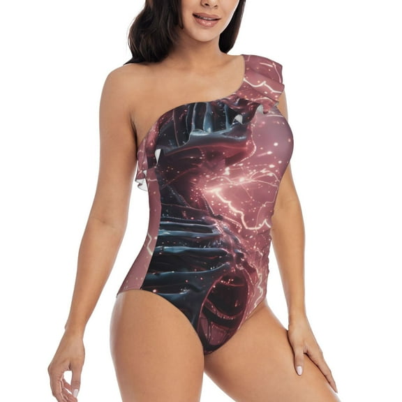 Daiia Electric Skeleton Surrealism Women's One Piece Swimsuits Personalized One Shoulder Swimwear Asymmetric Ruffle Bathing Suits-X-Large