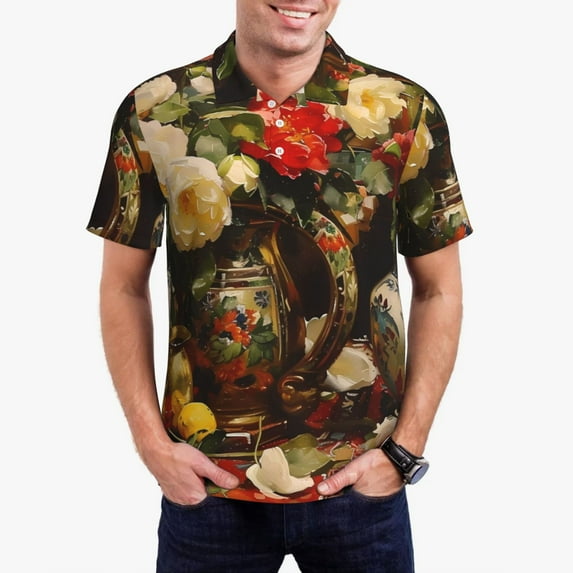 Daiia Elegant Still Life Roses Pattern Men’s Polo Shirts,Solid Deck Shirt,Classic Fit, Breathable Cotton Polo for Casual and Sport Wear-Medium