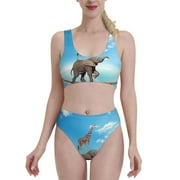 Daiia Elephant Giraffe Women'S Bikini Swimsuit Two Piece Swimsuit,High Waisted,Slim Fit High Leg Spaghetti Straps Bathing Suit- Small