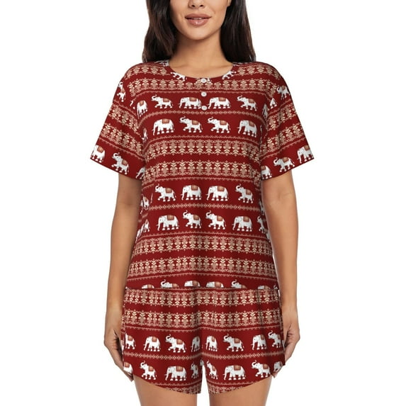 Daiia Elephant Pattern Womens Pajama Sets Short Sleeve Pajamas for Women Sets Soft Lounge Sets Casual Round Neck Sleepwear PJS-Large
