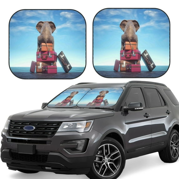 Daiia Elephant Sits On A Stack Of Luggages Ocean 2PCS Car Windshield Sun Shade, Foldable Sun Shield for Car Front Window, Auto Sun Blocker Visor Protector Universal for Truck SUV Pickup-Medium
